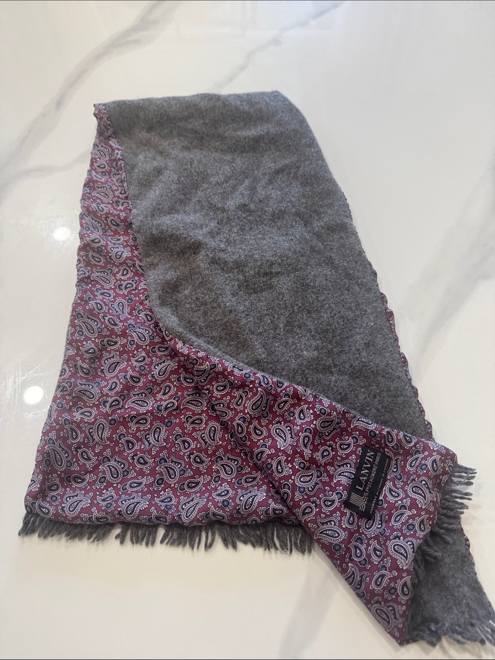 Lanvin Gray & Burgundy Paisley Reversible Wool/Silk scarf, vintage 100% silk